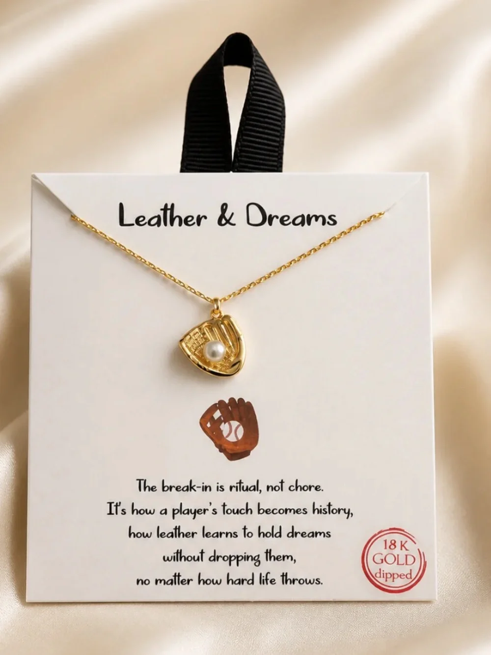 “Leather & Dreams” 18K Gold-Plated Baseball Glove Necklace with Pearl